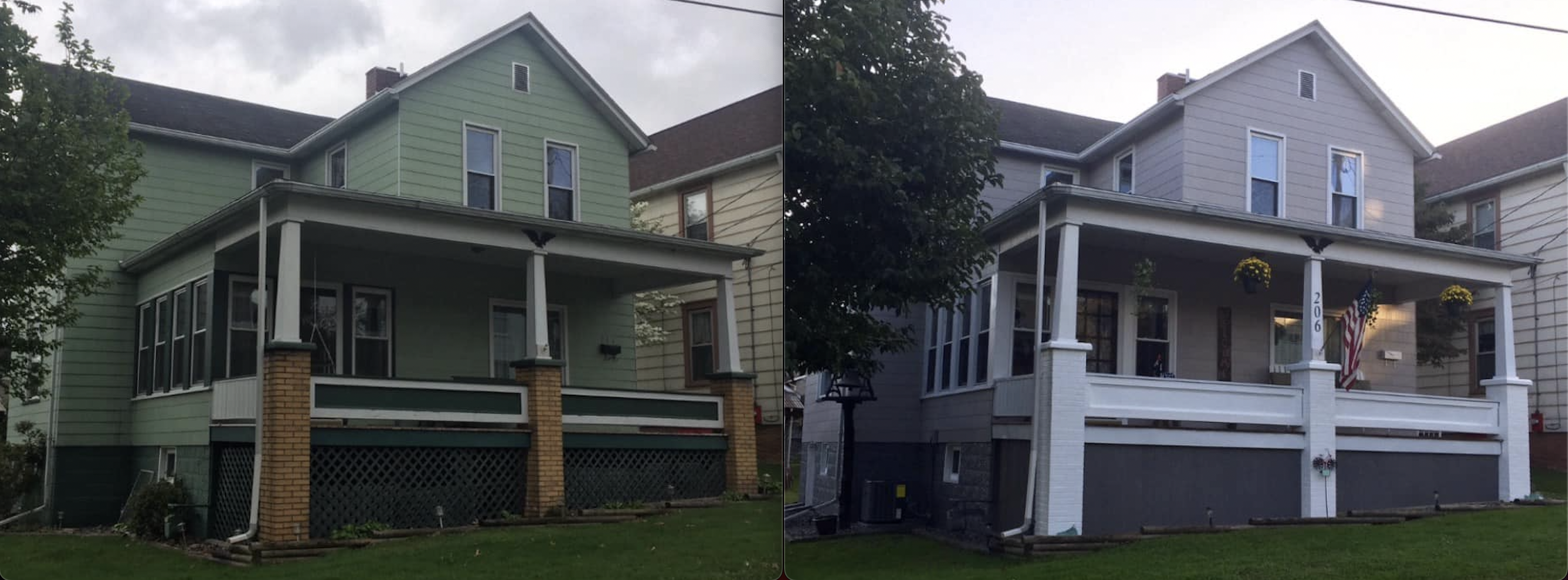 Before and after photos of a house that has been painted. 