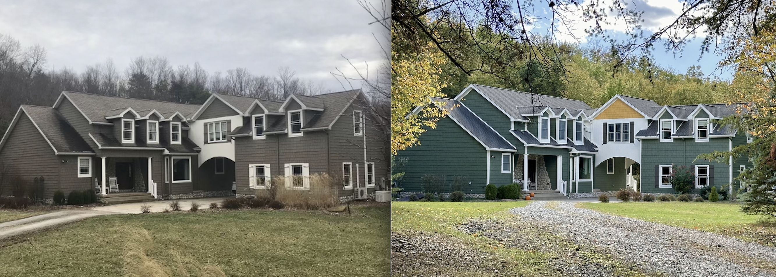 This image shows before and after photos for an exterior home repaint. The house siding was grey with white accents. After painting, it is now green with white and orange accents. 