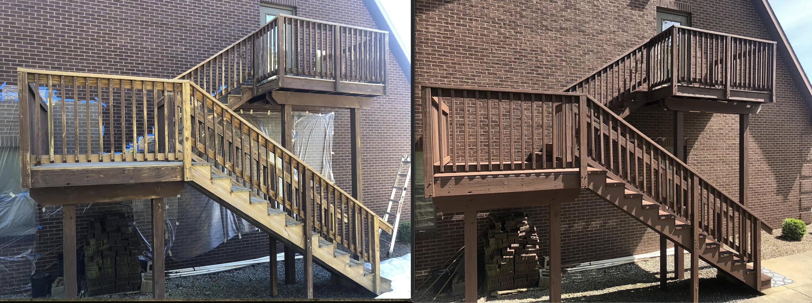 Before and after pictures of a stair case and deck platforms that have been stained. 