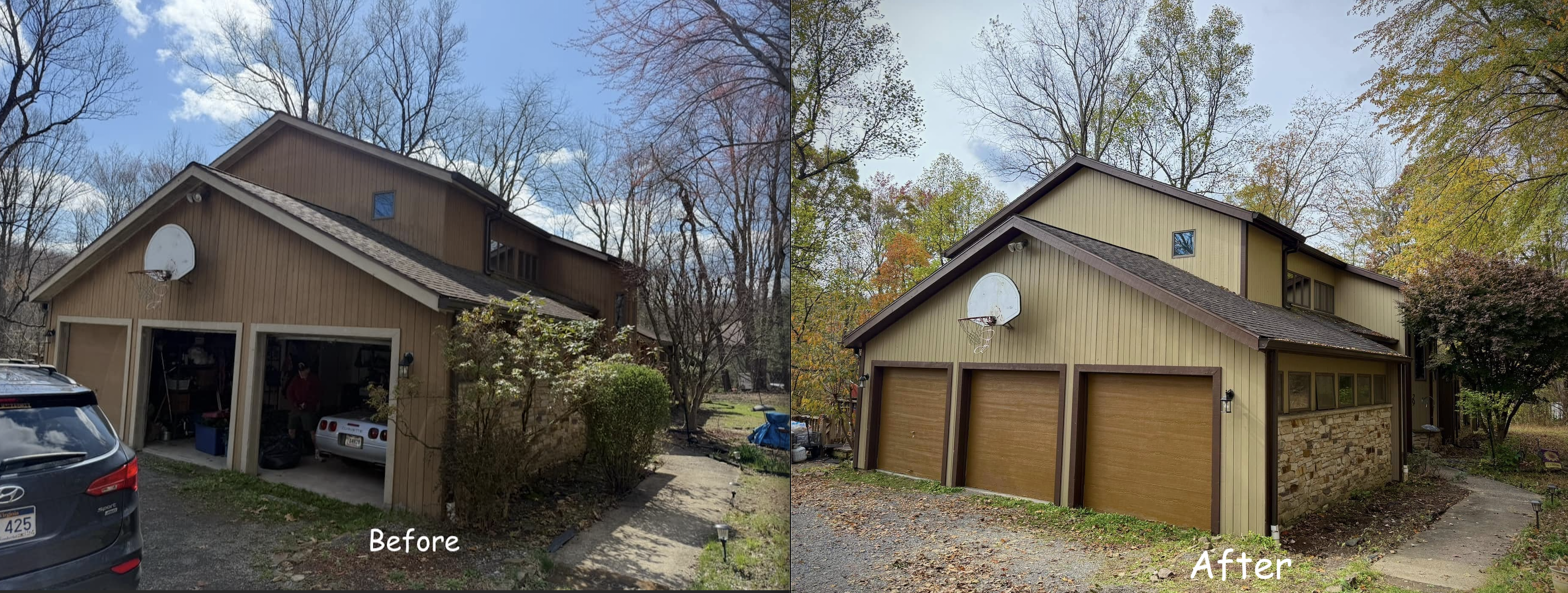 Before and after photos of a house that has been repainted. The new color scheme provides modern sophistication with added depth and dimension.